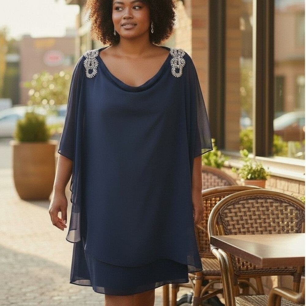 Xscape Navy Beaded Sheath Dress Sheer Asymmetrical Sleeves Layered Lined